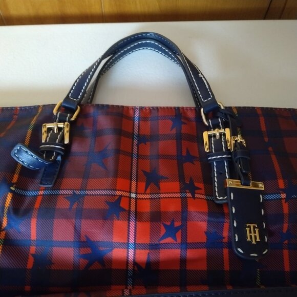 Tommy Hilfiger Crossbody Tote Purse Messenger Bag Red and Blue Plaid Stars - Picture 4 of 9